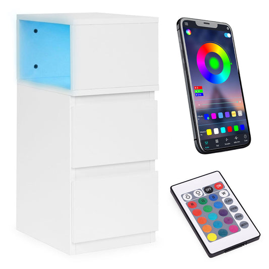LED Bedside Table with 2 Drawers, White MDF, Remote-Controlled