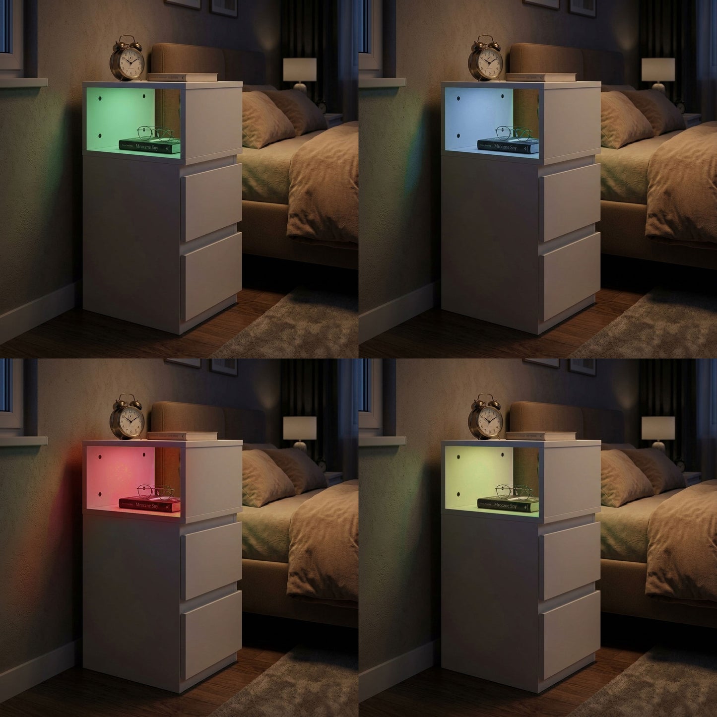 LED Bedside Table with 2 Drawers, White MDF, Remote-Controlled