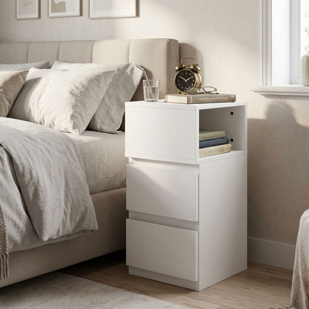 LED Bedside Table with 2 Drawers, White MDF, Remote-Controlled