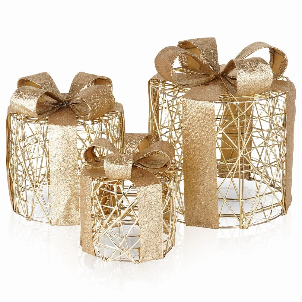 LED Christmas Gift Boxes, Gold, Set of 3, Timer Function