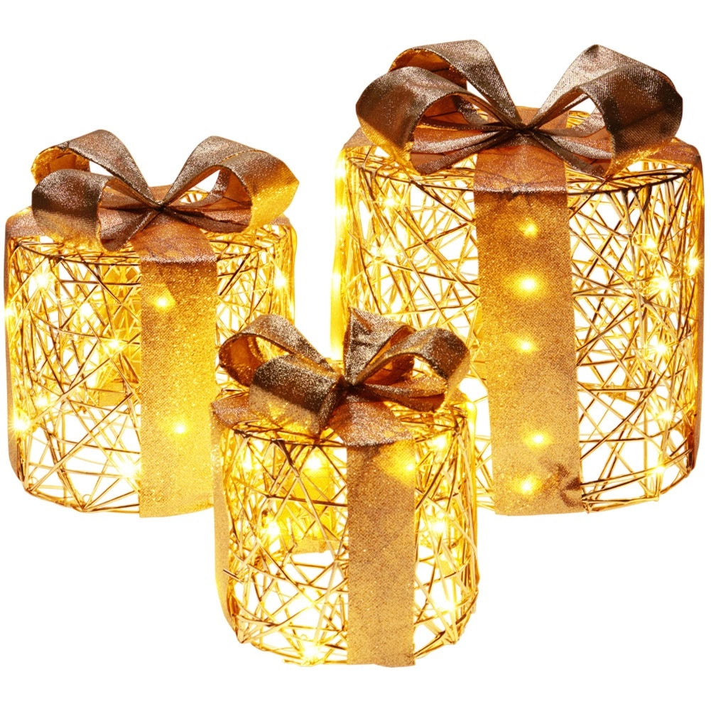 LED Christmas Gift Boxes, Gold, Set of 3, Timer Function