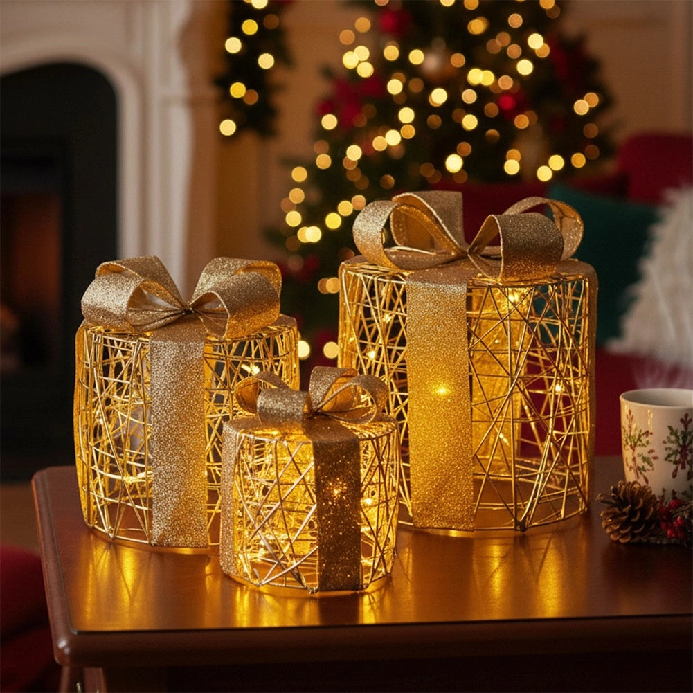 LED Christmas Gift Boxes, Gold, Set of 3, Timer Function