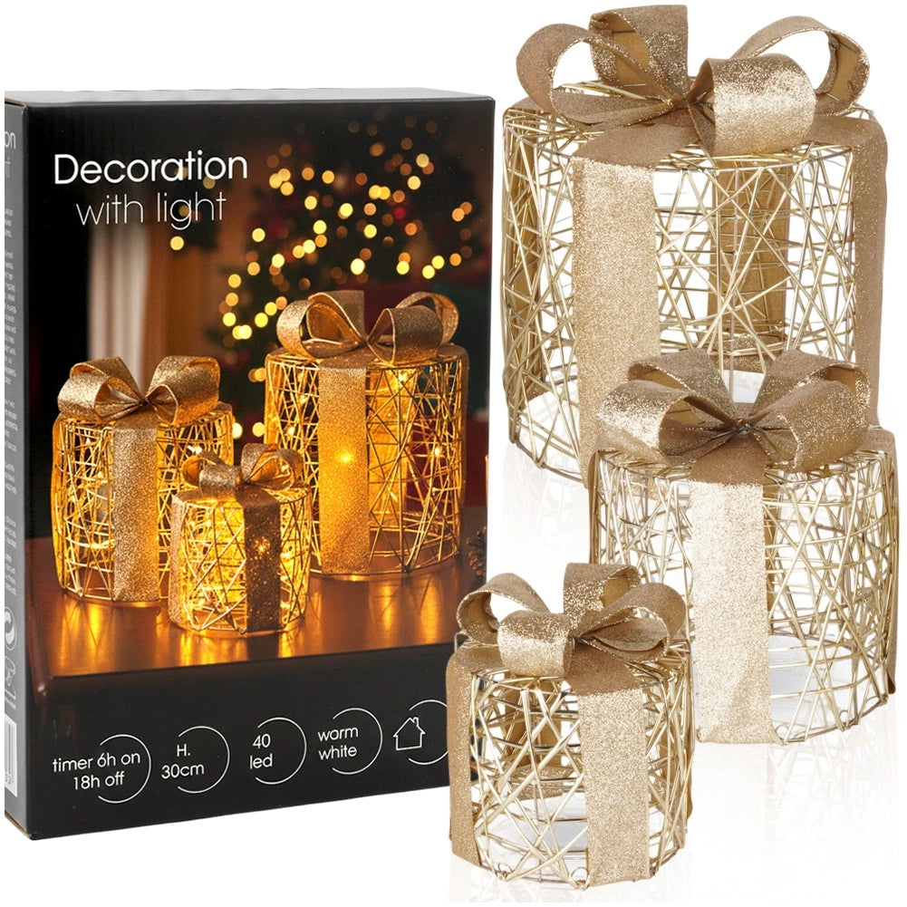 LED Christmas Gift Boxes, Gold, Set of 3, Timer Function