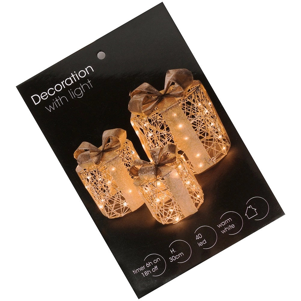 LED Christmas Gift Boxes, Gold, Set of 3, Timer Function