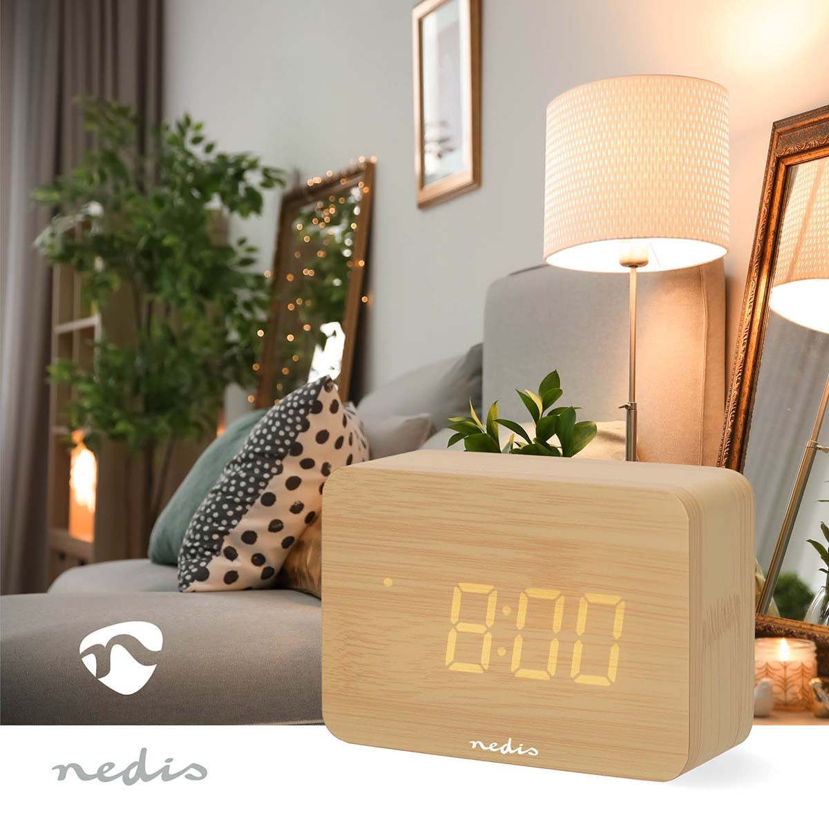 LED Digital Desk Alarm Clock, Wood, Snooze & Temp Display