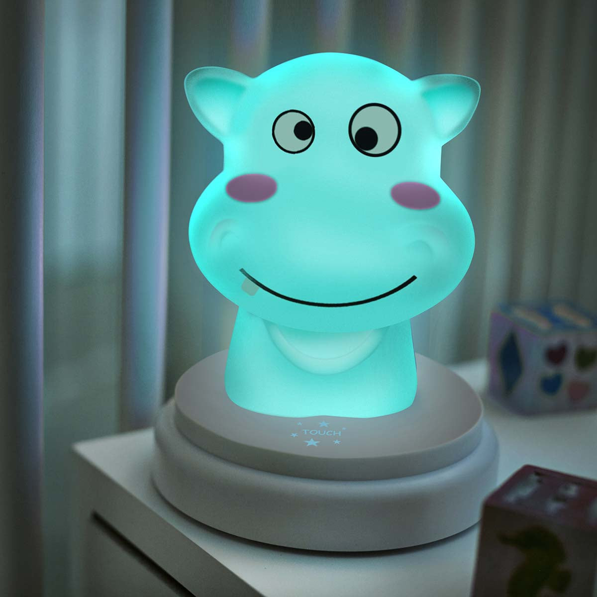 LED Hippo Night Light, Blue, Auto-Off, Battery Operated