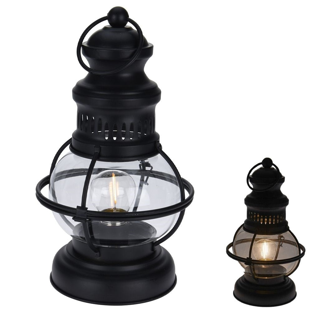 LED Lamp in Lantern form of Black Metal and Glass