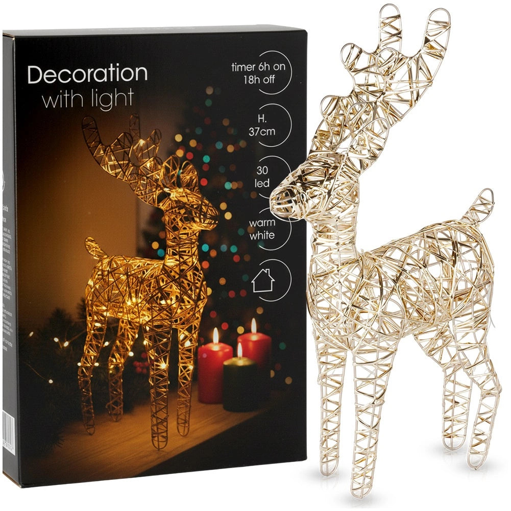 LED Reindeer Figurine, Gold, 30 LEDs, 37 cm, Timer