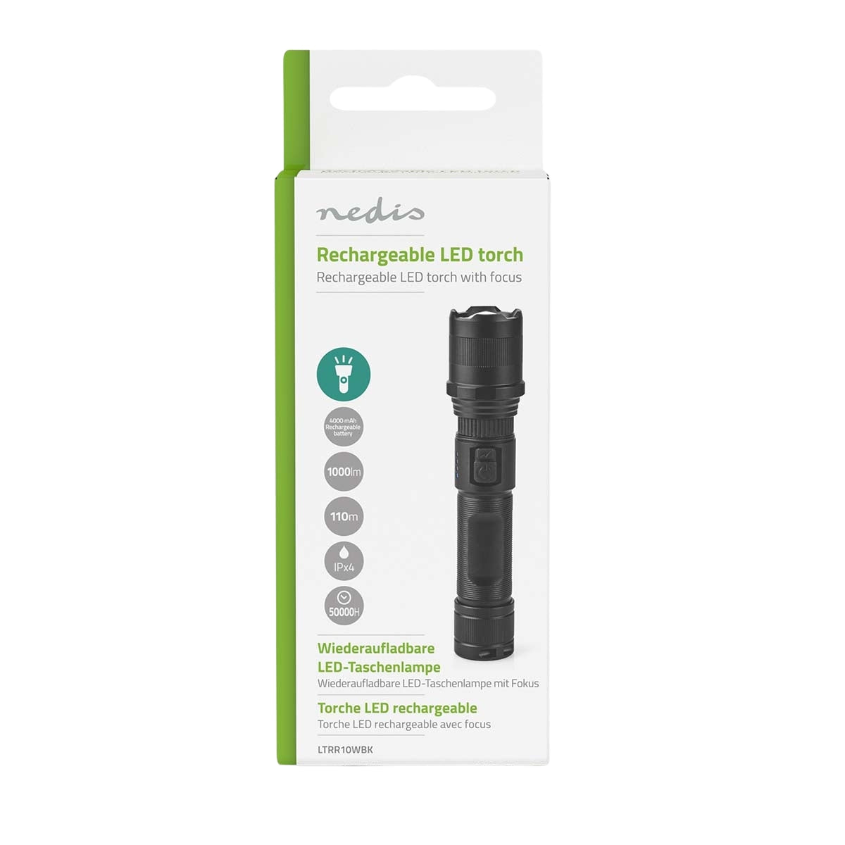 LED flashlight | Battery powered | 3.7 V DC | 10 W| Built-in lithium ion | batteries included | Rechargeable | Indicated luminous flux: 1000 lm | Lighting range: 110 m | Beam angle: 9.5 °