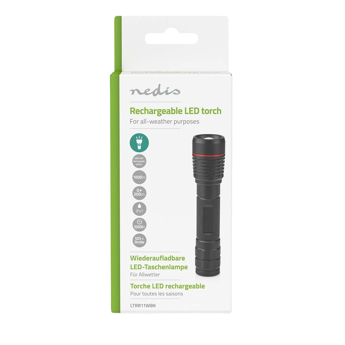 LED flashlight | Battery powered | 3.7 V DC | 10 W| Built-in lithium ion | batteries included | Rechargeable | Indicated luminous flux: 1000 lm | Lighting range: 200 m | Beam angle: 10 °
