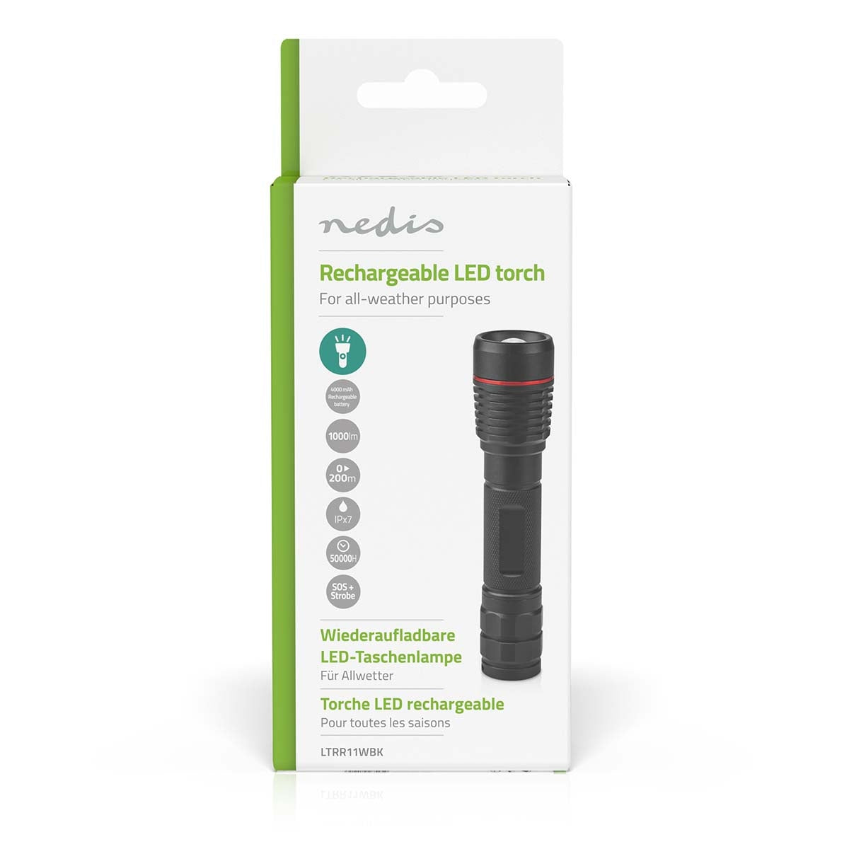 LED flashlight | Battery powered | 3.7 V DC | 10 W| Built-in lithium ion | batteries included | Rechargeable | Indicated luminous flux: 1000 lm | Lighting range: 200 m | Beam angle: 10 °