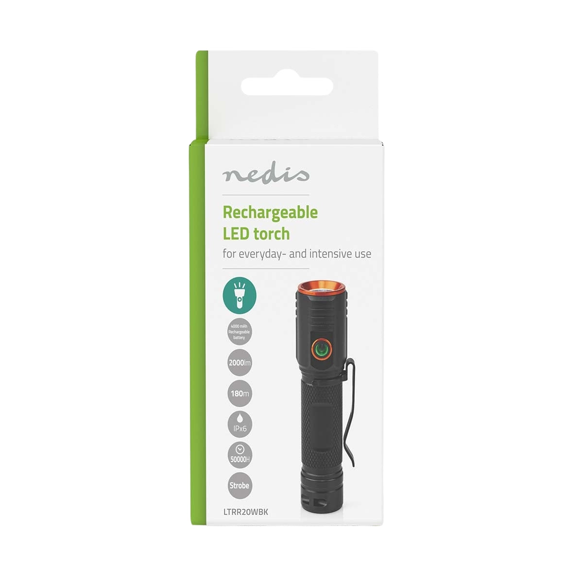 LED flashlight | Battery powered | 3.7 V DC | 20 W| Built-in lithium ion | batteries included | Rechargeable | Indicated luminous flux: 2000 lm | Lighting range: 180 m | Beam angle: 10 °
