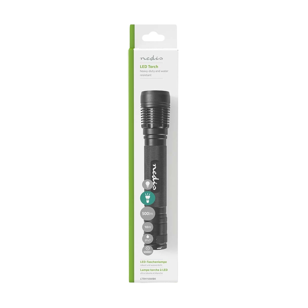 LED flashlight | Battery powered | 4.5 V DC | 10 W| 3x C/LR14 | Indicated luminous flux: 500 lm | Lighting range: 250 m | Beam angle: 9.5 °
