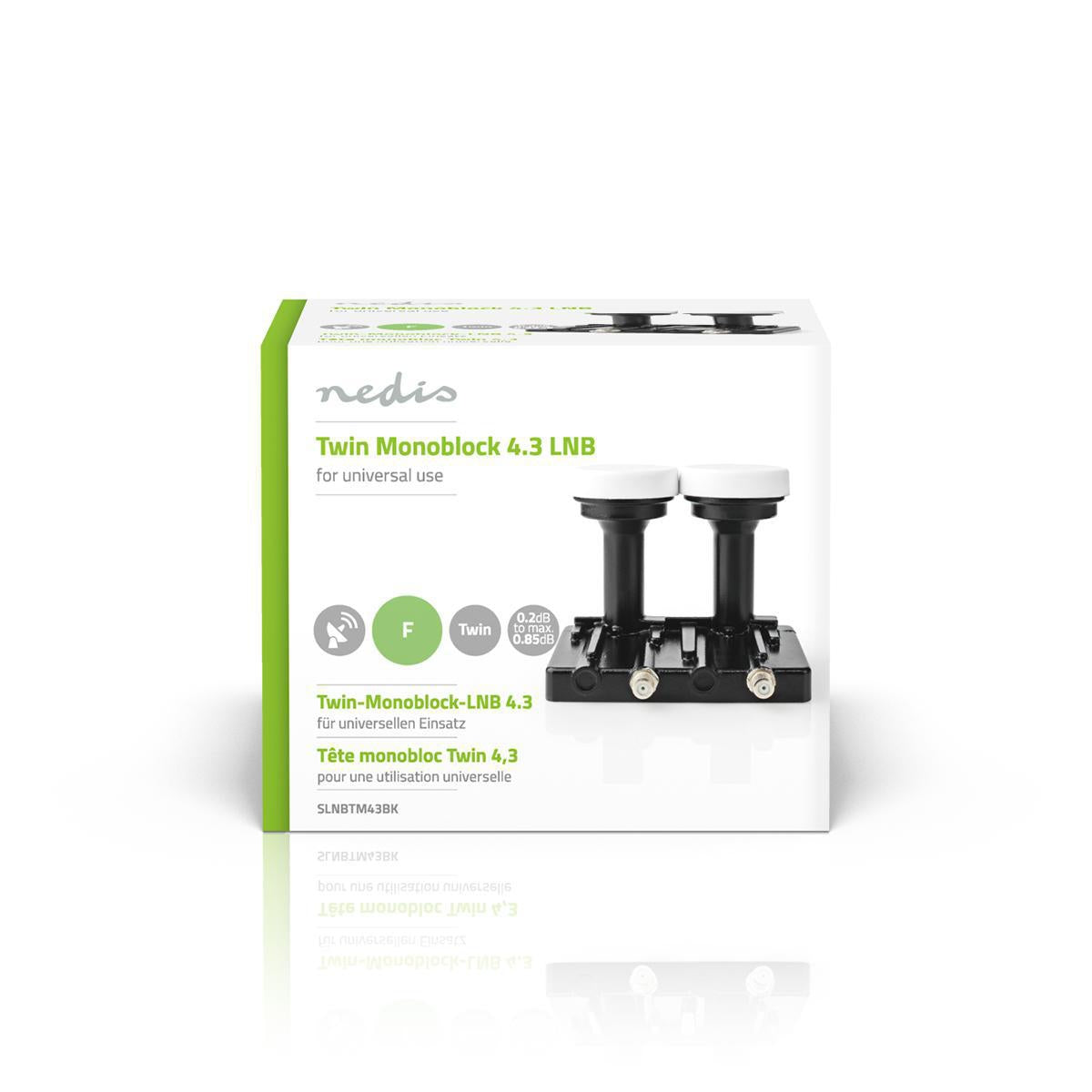 LNB | Twin Monoblock 4.3 ° | Output connection: 2x F-connector | Noise factor range: 0.85 dB | Conversion gain: 52 - 66 dB | Black | Fits: Astra1+ / Astra3
