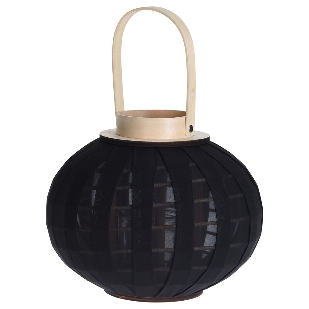 Lantern on a wooden stand with black fabric and glass inlay