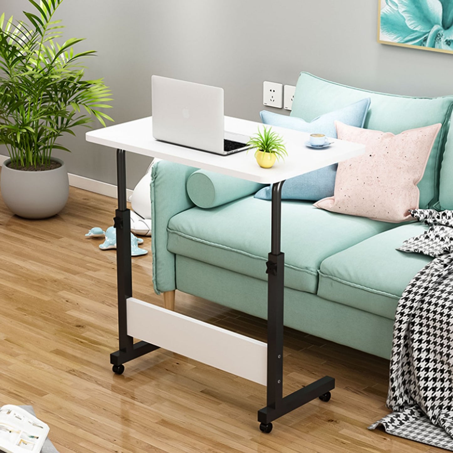 Laptop table with wheels, desk attached to the sofa armchair - white