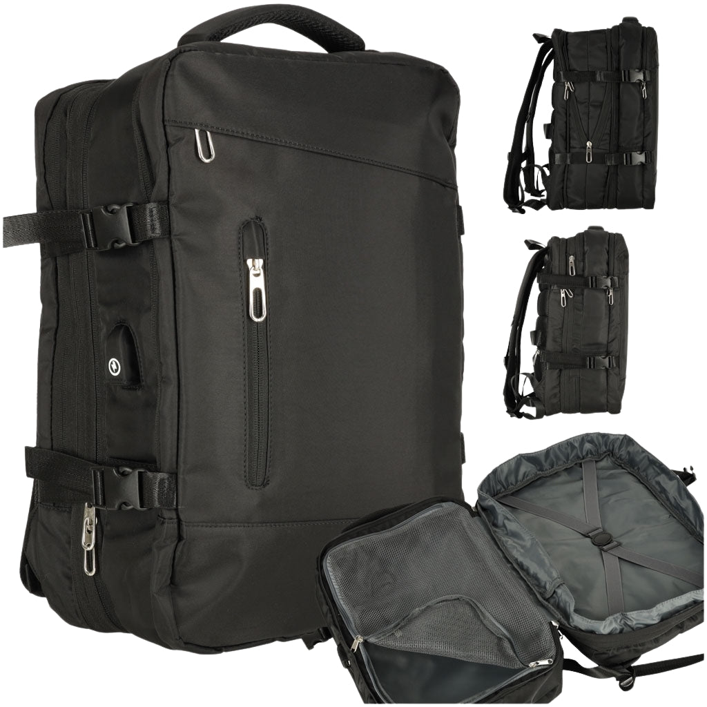 Laptop travel backpack expandable 26-36L USB cable capacious waterproof black