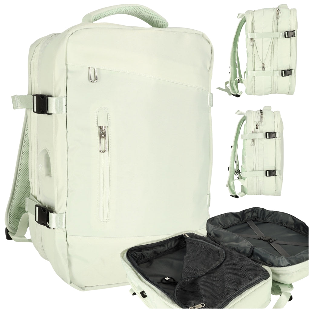 Laptop travel backpack expandable 26-36L USB cable roomy waterproof green