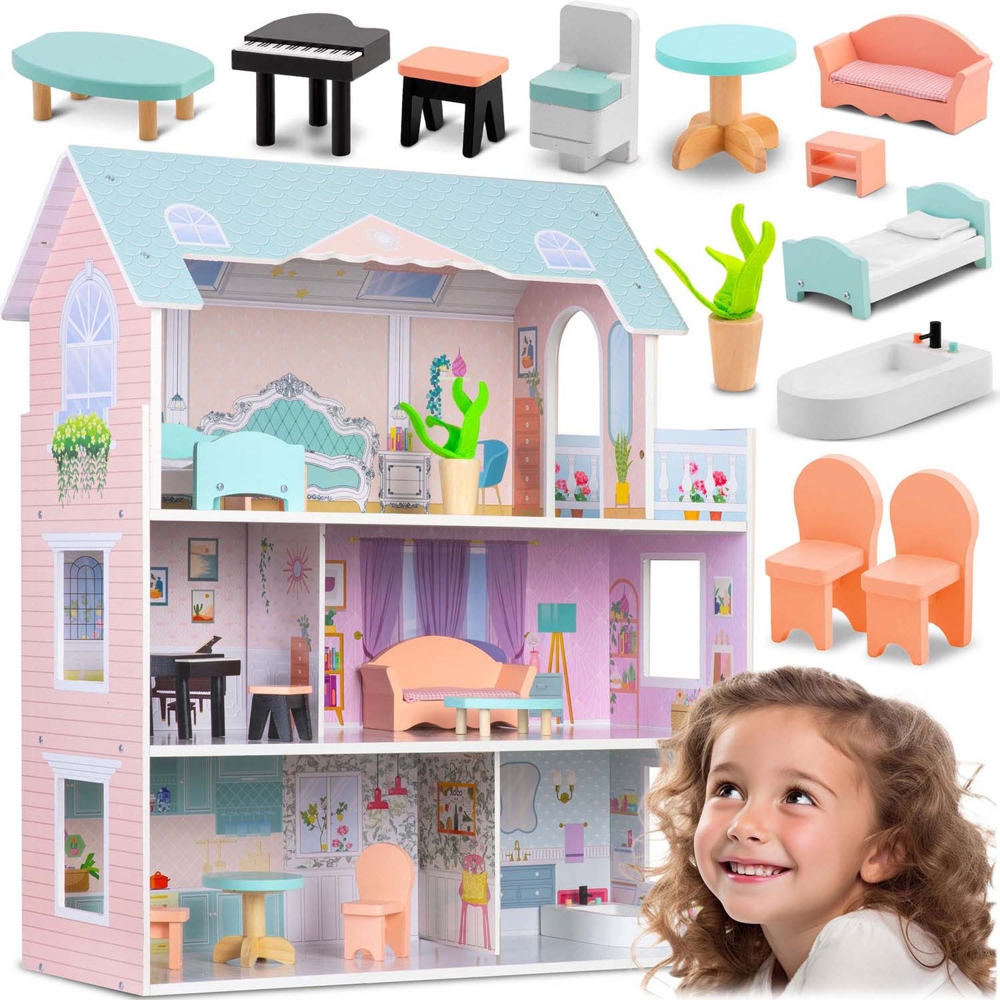 Large 3-story wooden dollhouse Ricokids RK-878