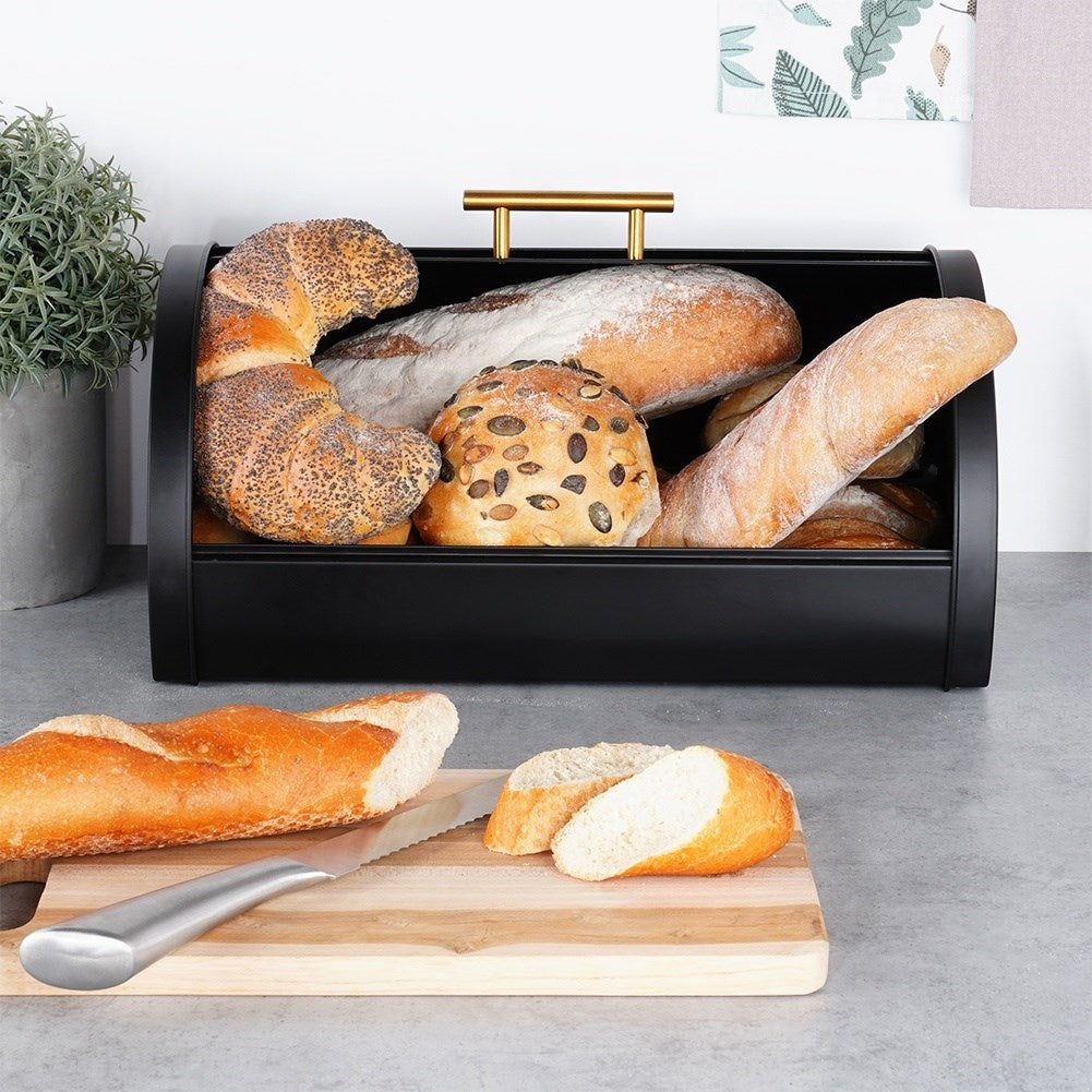 Large Bread Box in Black Metal with Gold Handle