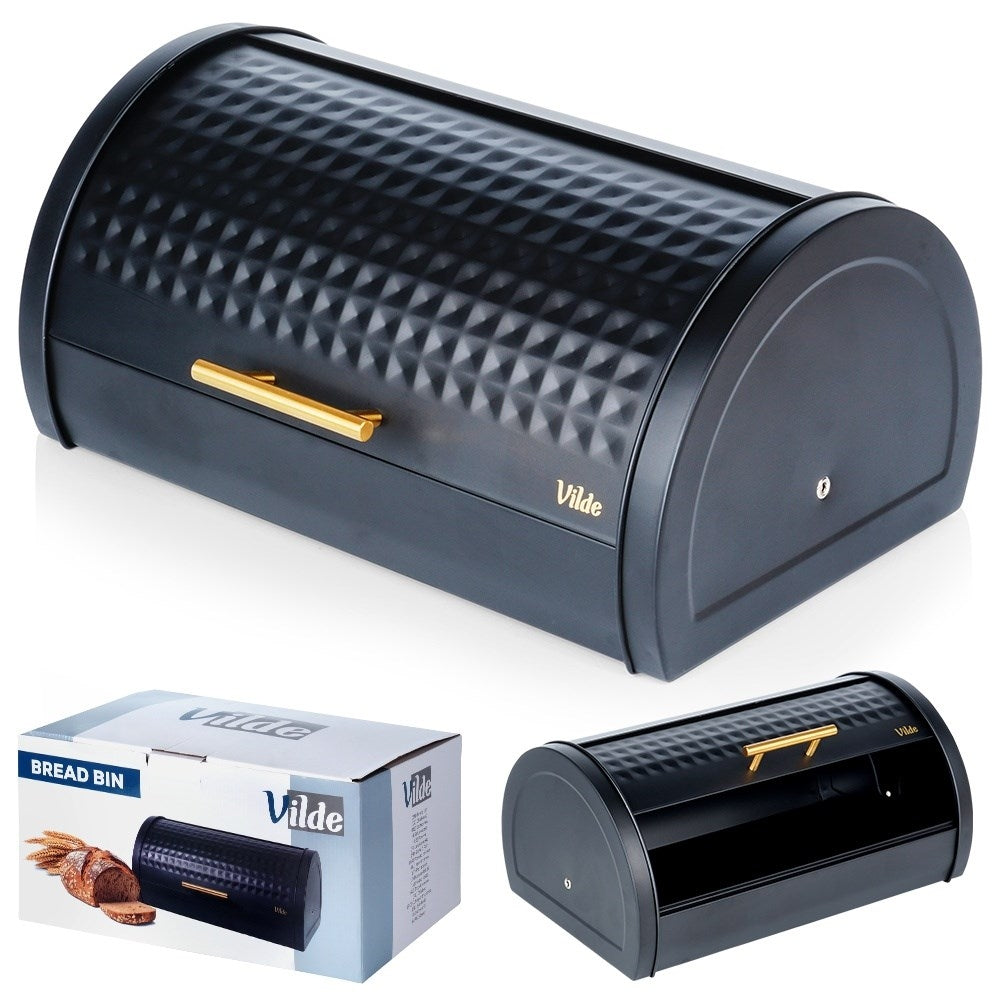 Large Bread Box in Black Metal with Gold Handle