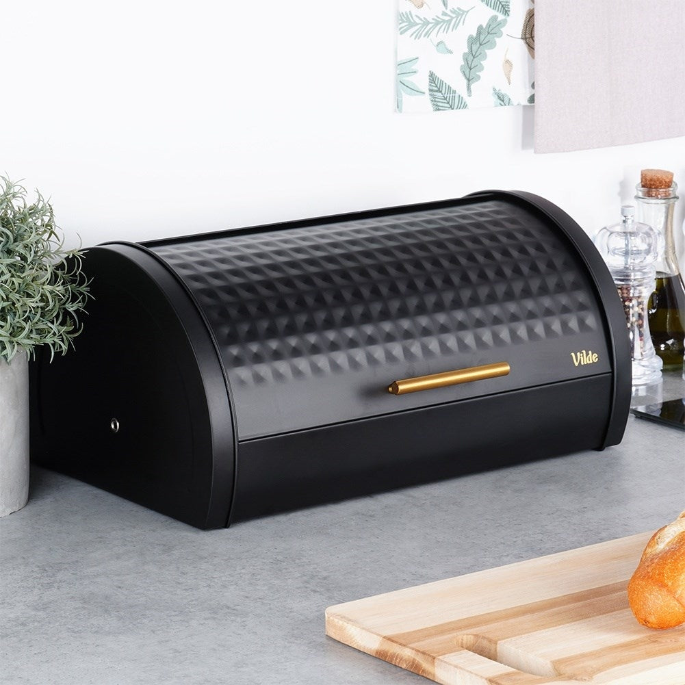 Large Bread Box in Black Metal with Gold Handle