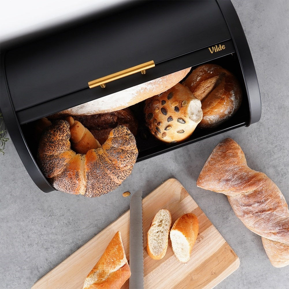 Large Bread Box in Black Metal with Gold Handle