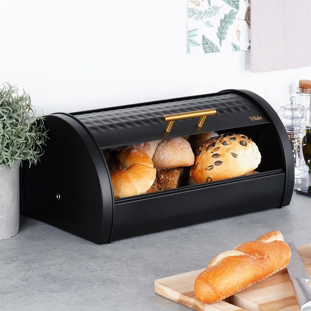 Large Bread Box in Black Metal with Gold Handle