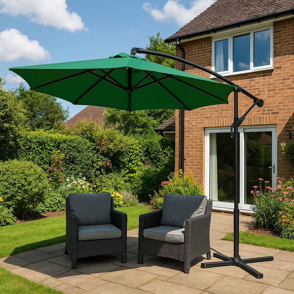 Large Garden Parasol with Cantilever Arm, Foldable 3 m, Green, 6 Ribs MultiGarden