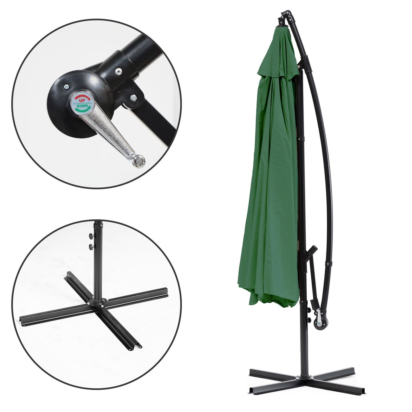 Large Garden Parasol with Cantilever Arm, Foldable 3 m, Green, 6 Ribs MultiGarden