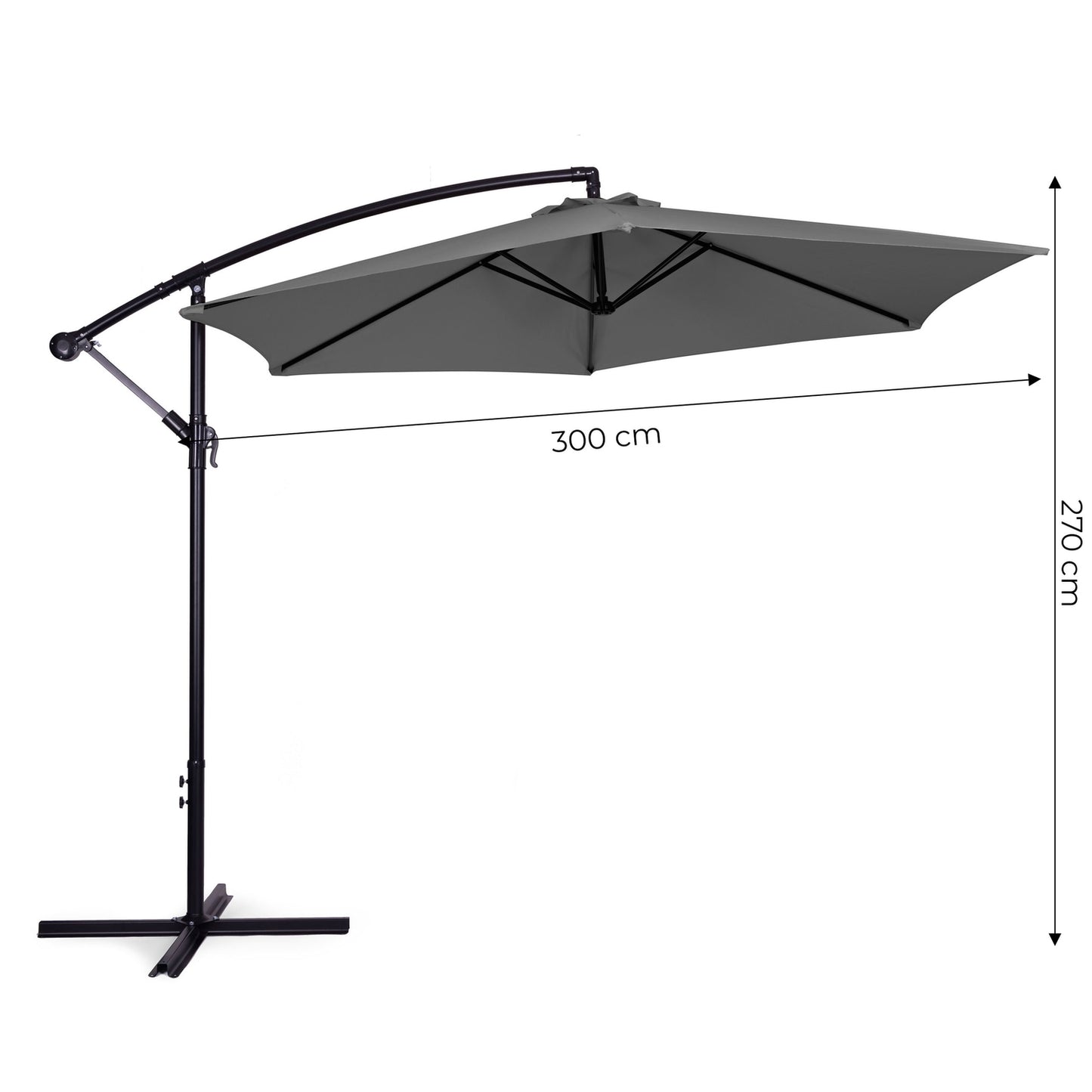 Large Garden Parasol with Cantilever Arm, Foldable 3 m, Grey, 6 Ribs MultiGarden