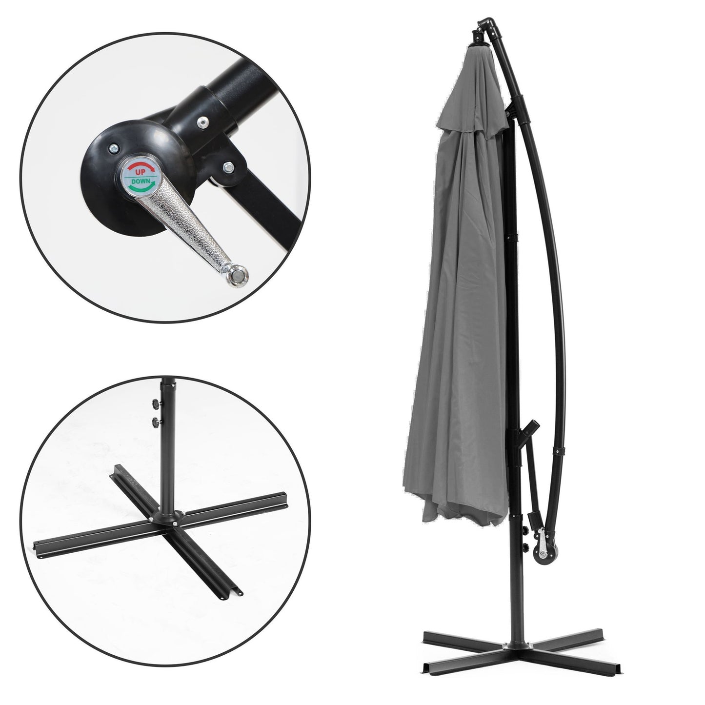 Large Garden Parasol with Cantilever Arm, Foldable 3 m, Grey, 6 Ribs MultiGarden