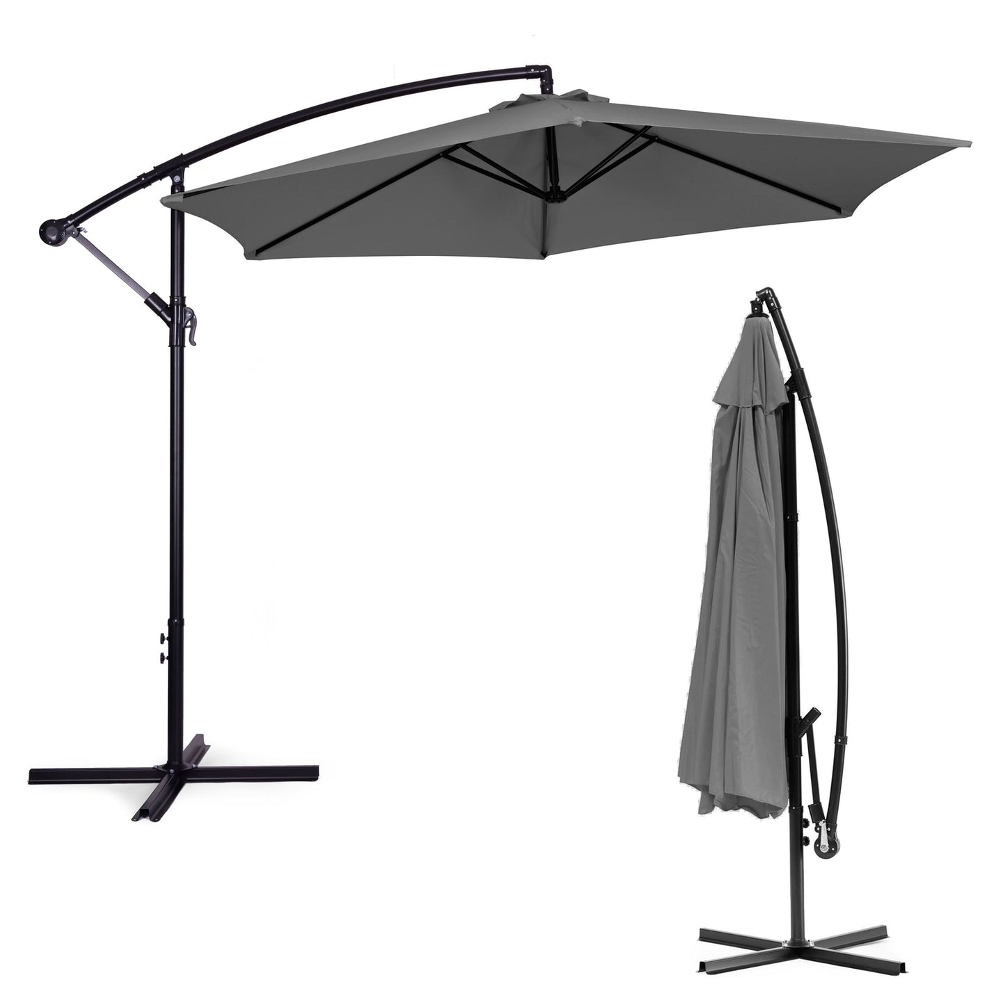 Large Garden Parasol with Cantilever Arm, Foldable 3 m, Grey, 6 Ribs MultiGarden