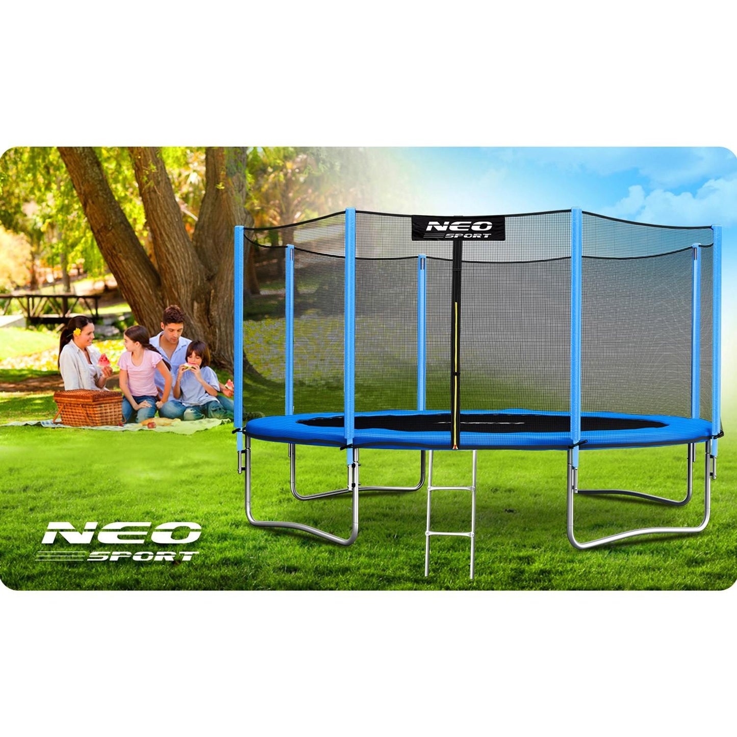 Large Garden Trampoline 374 cm with Outer Net and Ladder from Neo-Sport