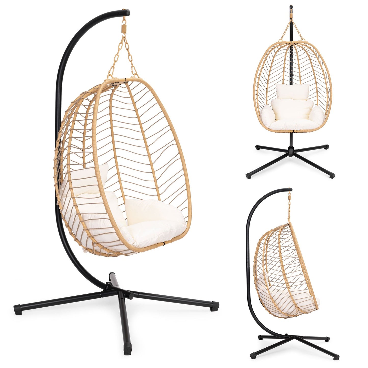 Large Hanging Egg Chair Freestanding Garden Swing up to 120 kg + Cushions MultiGarden