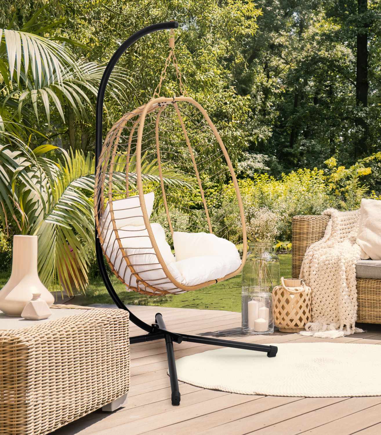 Large Hanging Egg Chair Freestanding Garden Swing up to 120 kg + Cushions MultiGarden