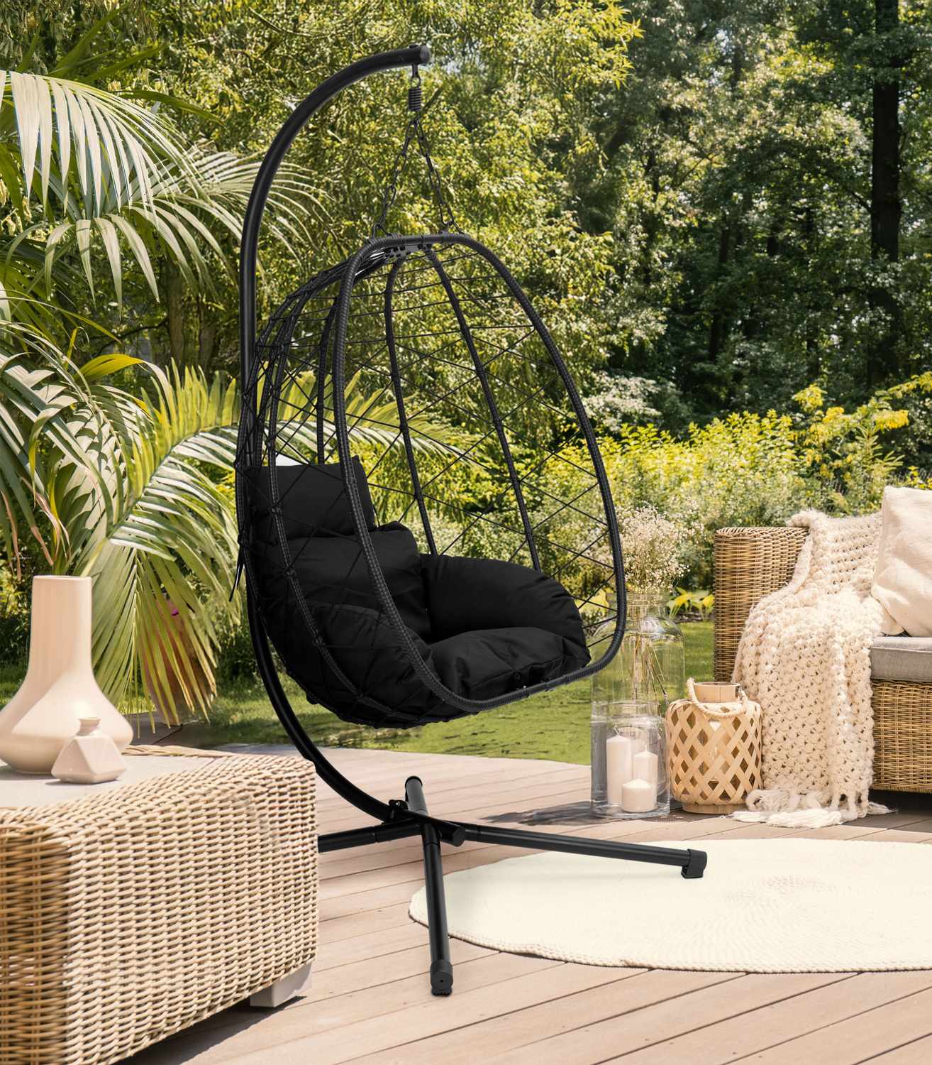 Large Hanging Egg Chair Freestanding Swing for Garden up to 120 kg + Cushions MultiGarden