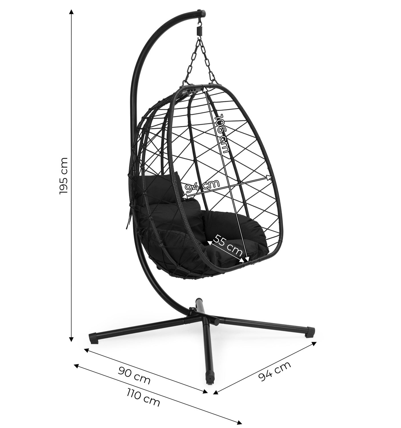 Large Hanging Egg Chair Freestanding Swing for Garden up to 120 kg + Cushions MultiGarden