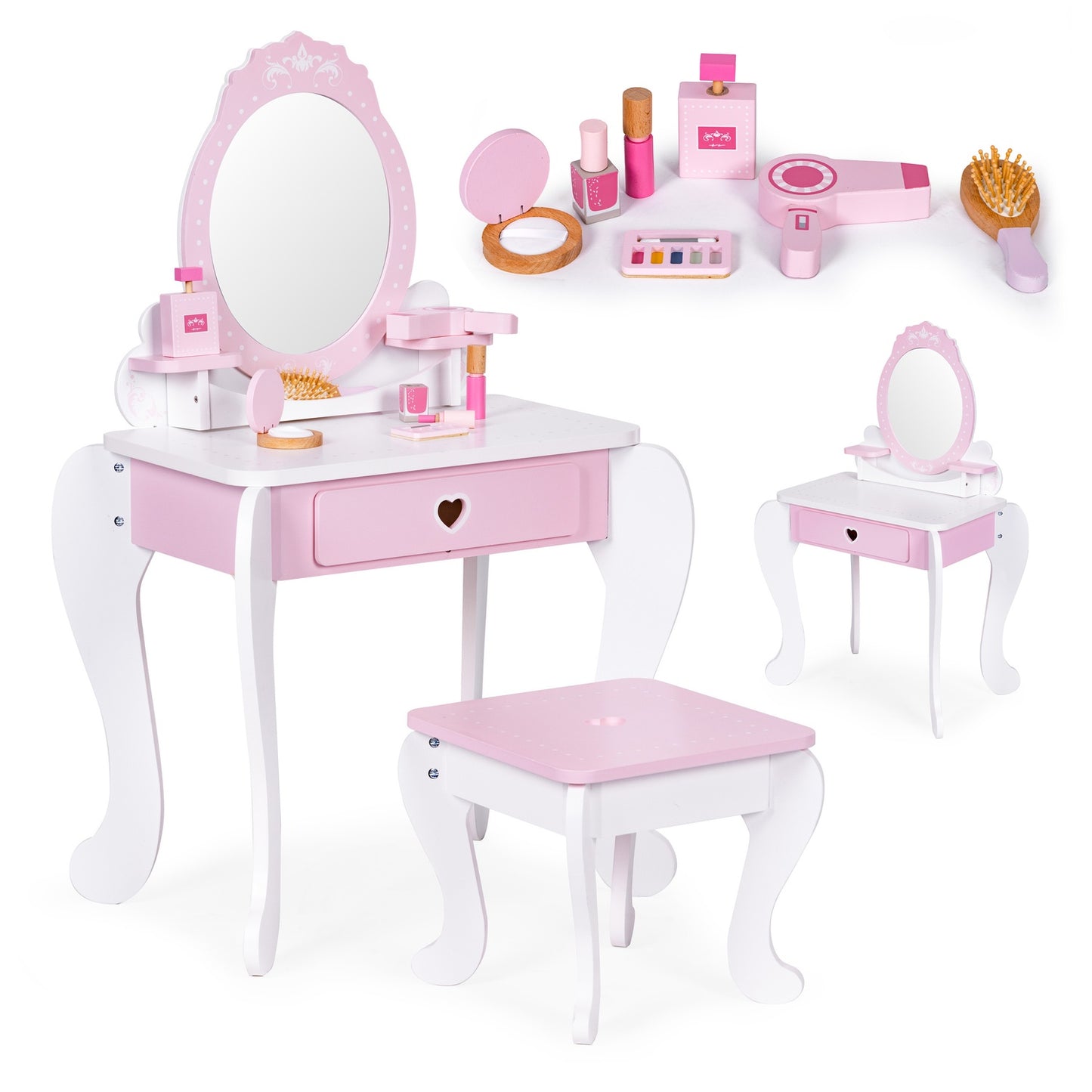 Large Toy Vanity for Kids with Mirror, Stool, and 7 Accessories ECOTOYS