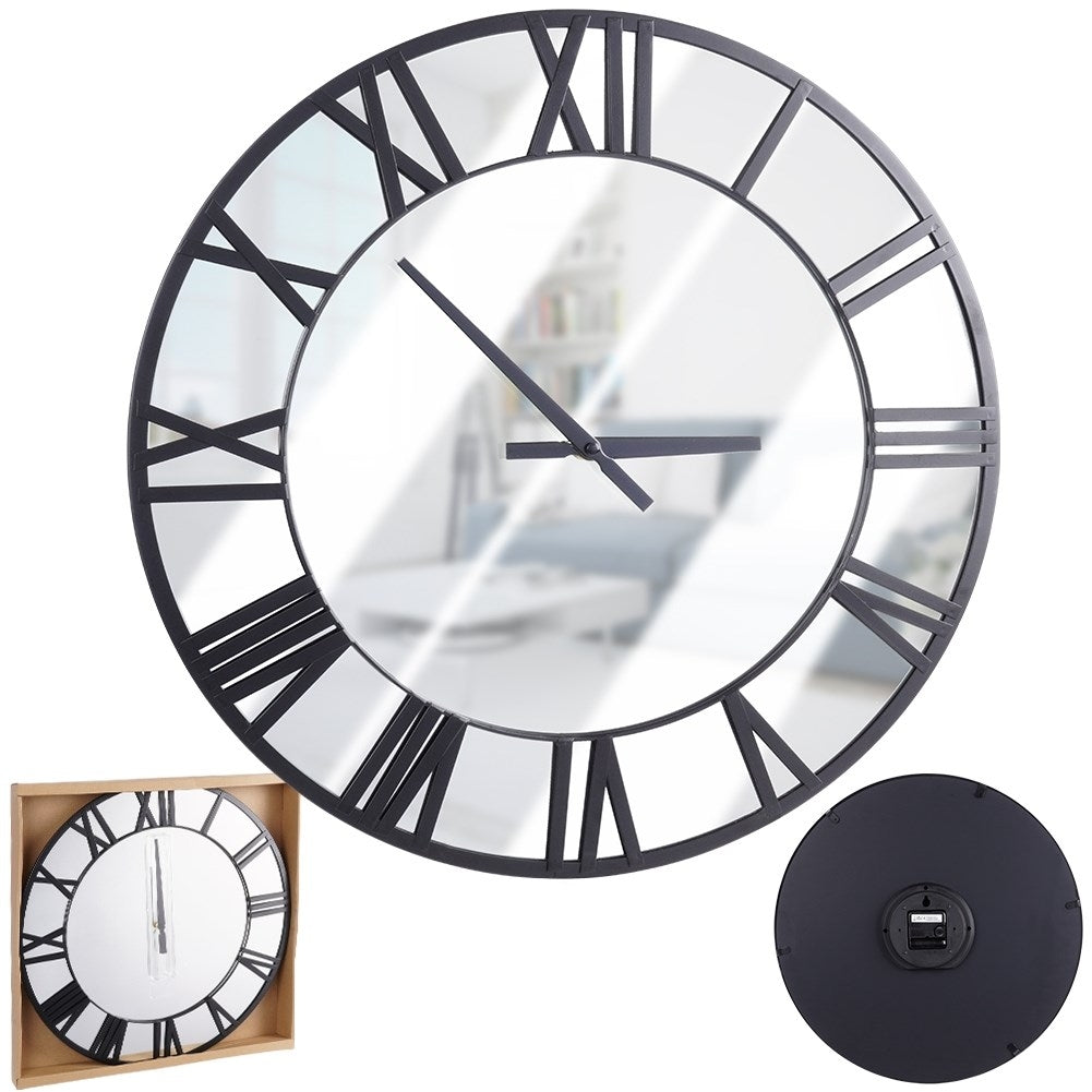 Large Wall Clock in Black Metal with Mirror Dial