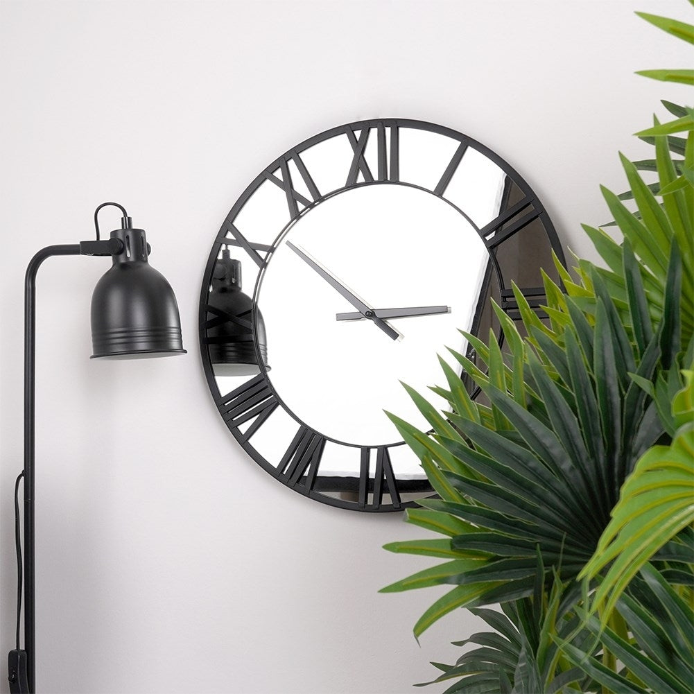 Large Wall Clock in Black Metal with Mirror Dial