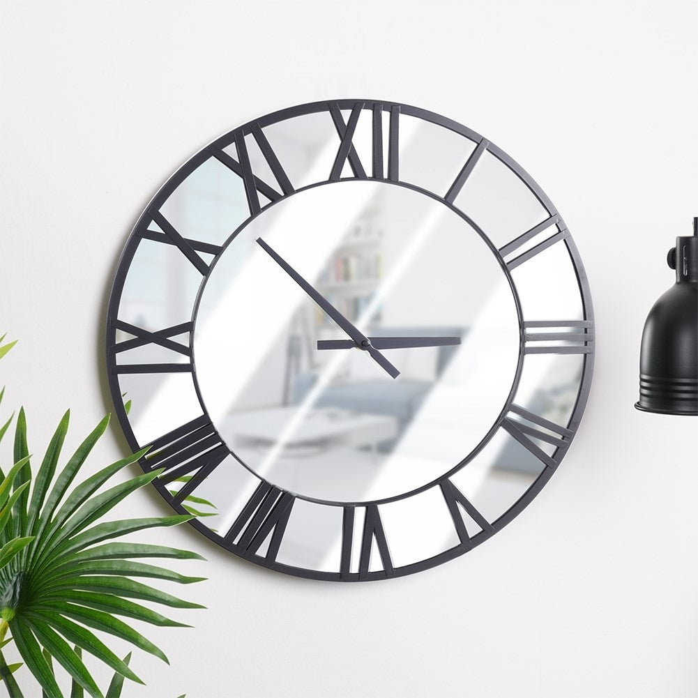 Large Wall Clock in Black Metal with Mirror Dial
