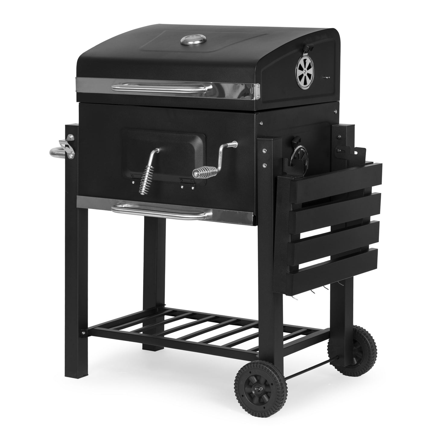 Large charcoal garden grill with lid, thermometer, shelves, wheels, free blower