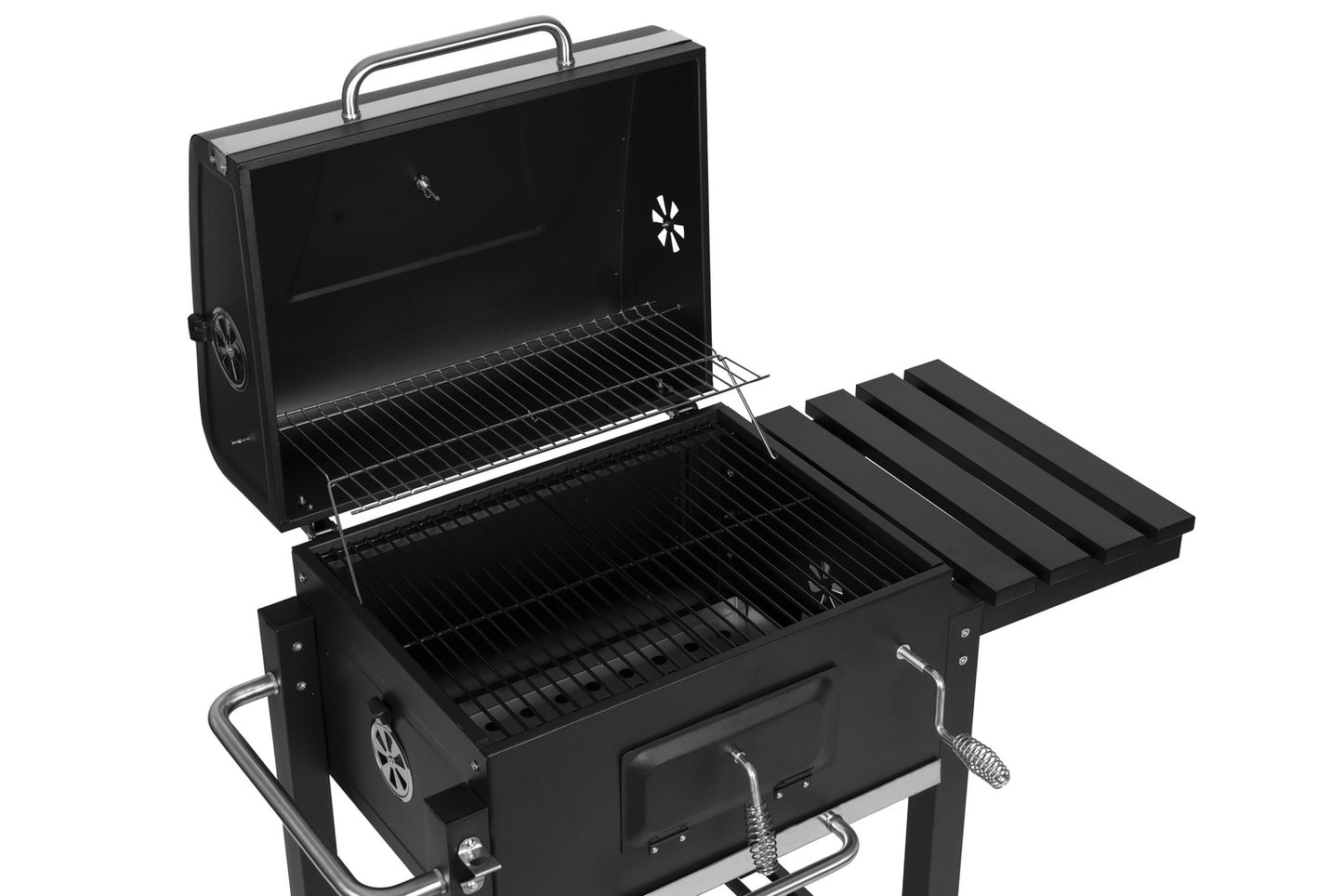 Large charcoal garden grill with lid, thermometer, shelves, wheels, free blower