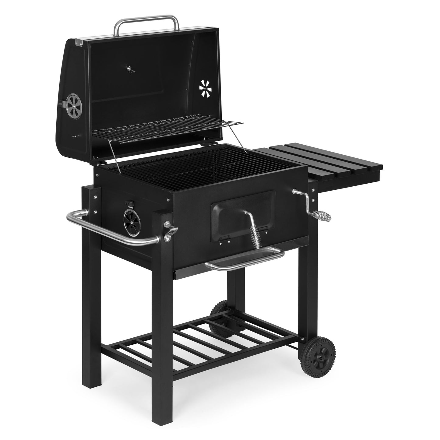 Large charcoal garden grill with lid, thermometer, shelves, wheels, free blower