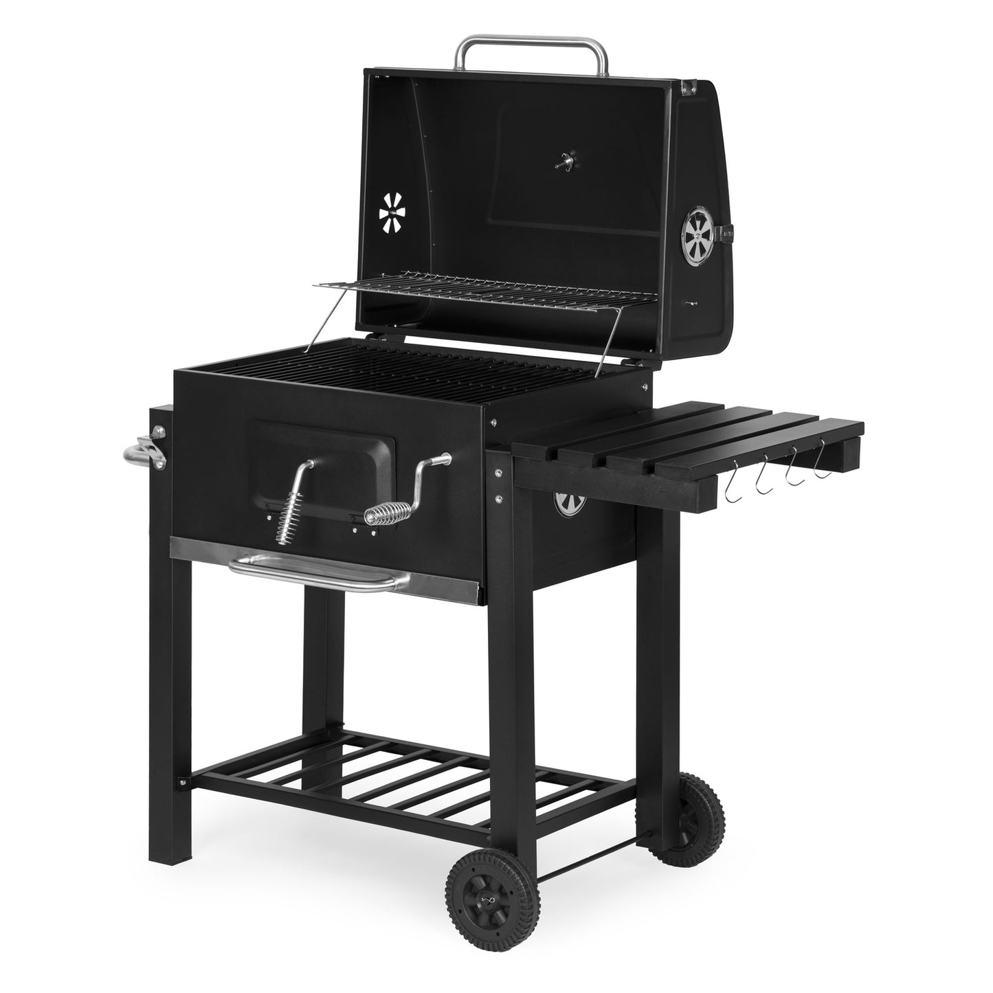Large charcoal garden grill with lid, thermometer, shelves, wheels, free blower