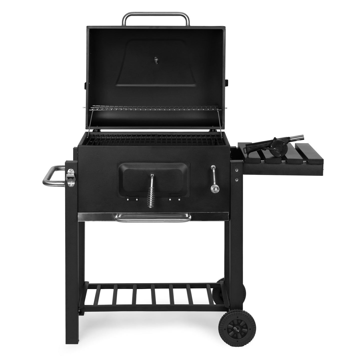 Large charcoal garden grill with lid, thermometer, shelves, wheels, free blower