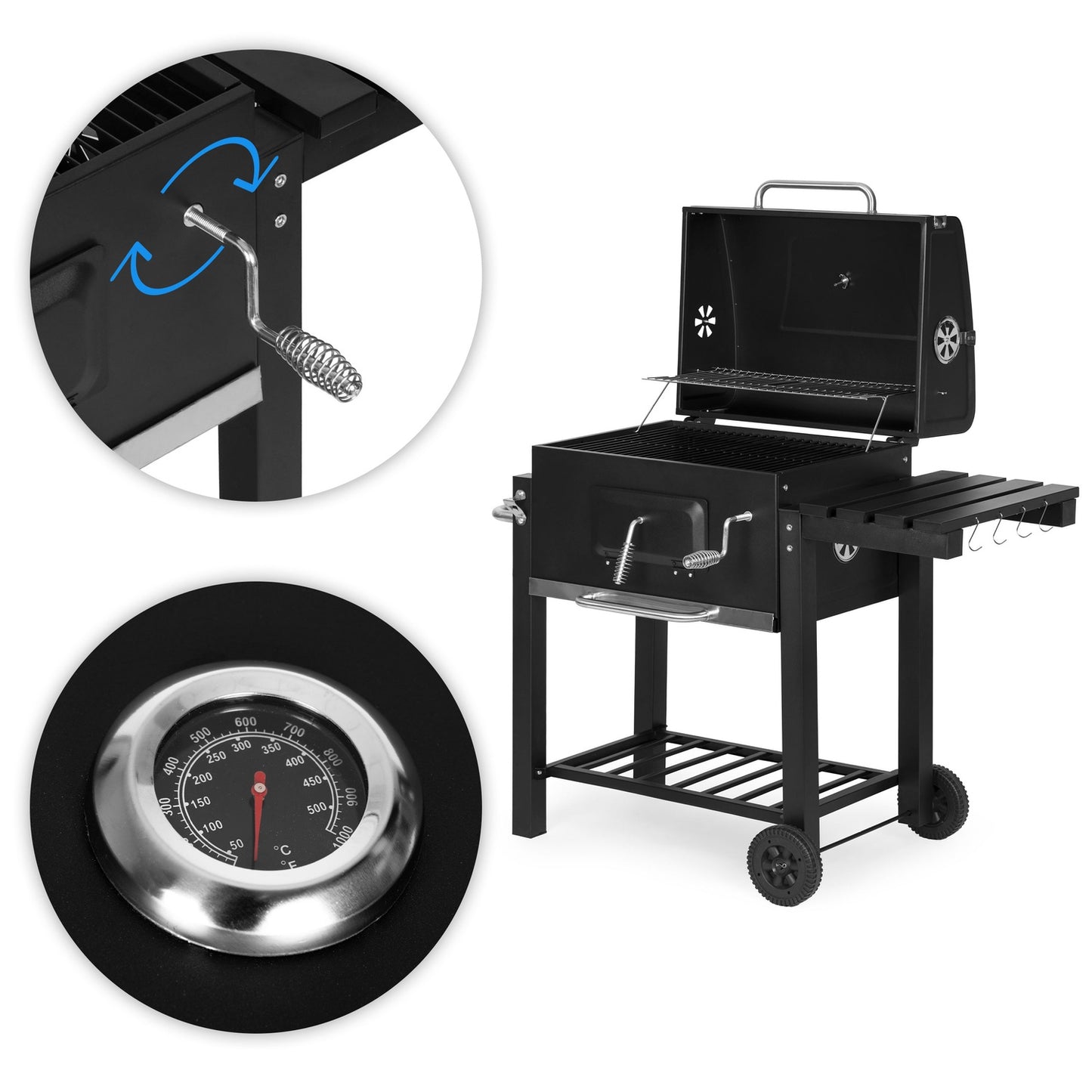 Large charcoal garden grill with lid, thermometer, shelves, wheels, free blower