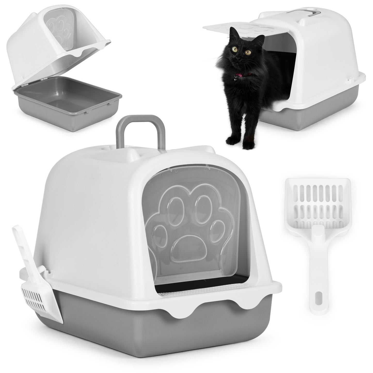 Large closed litter box with a door and a litter scoop