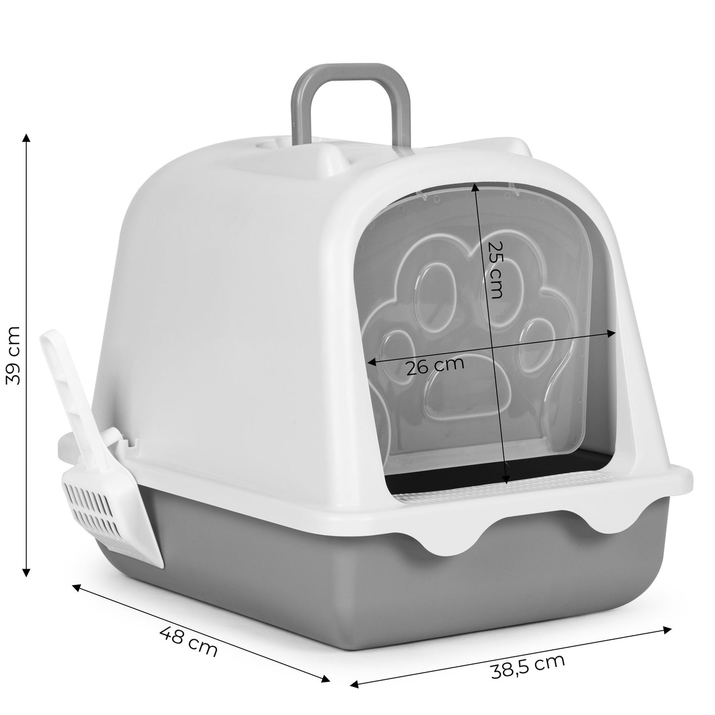 Large closed litter box with a door and a litter scoop